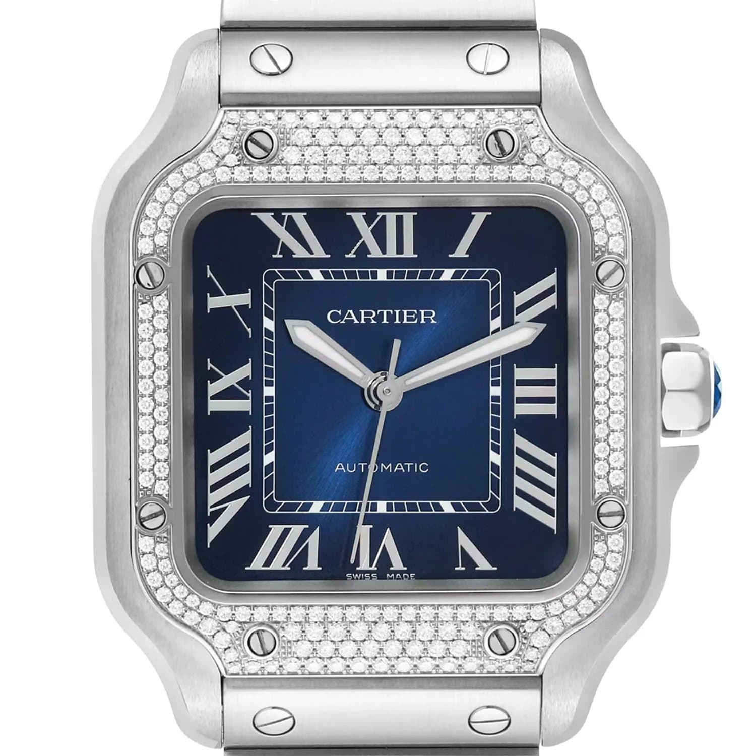 Santos de Cartier Blue Dial Diamond Bezel